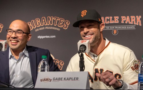 Gabe Kapler and Farhan Zaidi of the San Francisco Giants